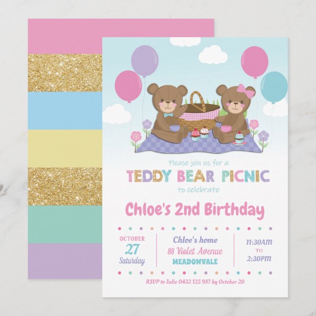 Teddy Bear Picnic Birthday Invitations Girl (Front/Back)