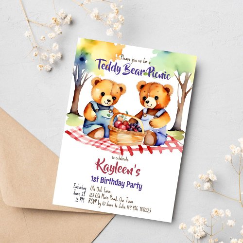 Teddy bear picnic birthday party cute invitation