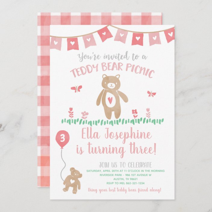 5 X Personalised TEDDY BEARS PICNIC Park Wood Birthday Party Invitation Invites