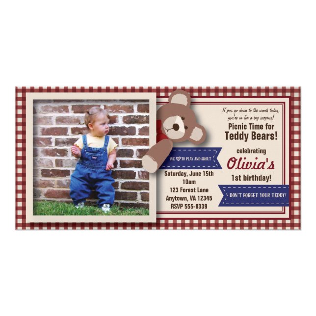 Teddy Bear Picnic Birthday -Red Gingham Card (Front)