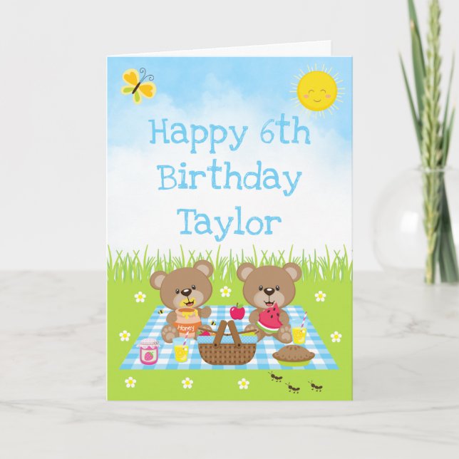 Teddy Bear Picnic Blue Gingham Happy Birthday Card (Front)