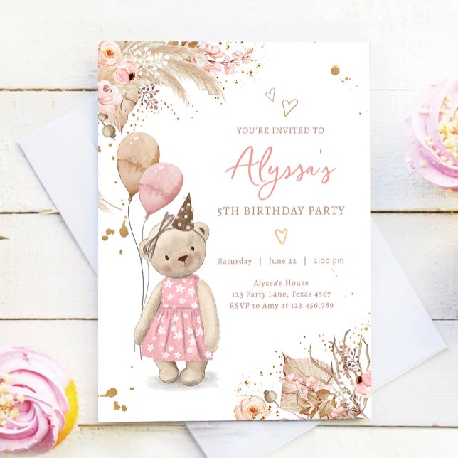 Teddy Bear Picnic Boho Pink Girl Birthday Party Invitation (Creator Uploaded)