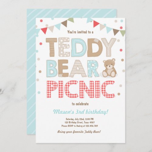 Teddy Bear Picnic Boy birthday Invitation Blue