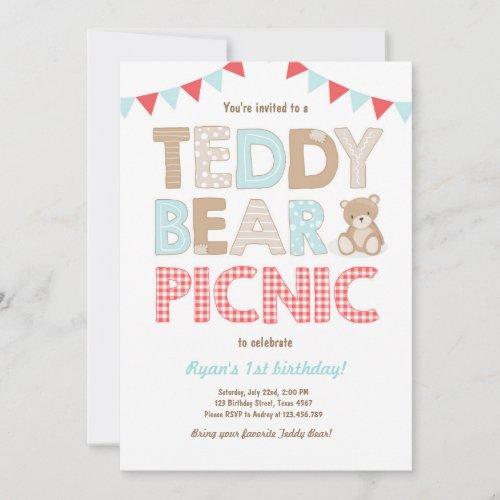 Teddy Bear Picnic Boy birthday Invitation Blue