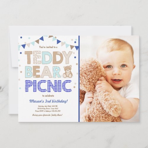 Teddy Bear Picnic Boy birthday Invitation Blue ct