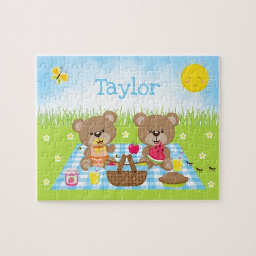 Teddy Bear Picnic Boy Blue Gingham Jigsaw Puzzle