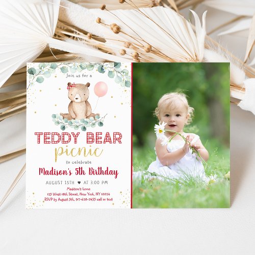 Teddy Bear Picnic Floral Birthday Invitation