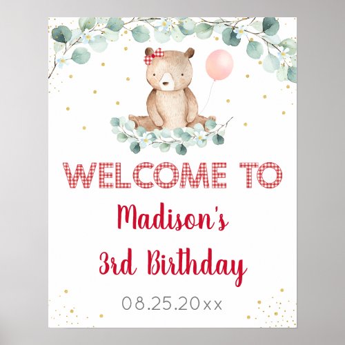 Teddy Bear Picnic Floral Birthday Welcome Poster