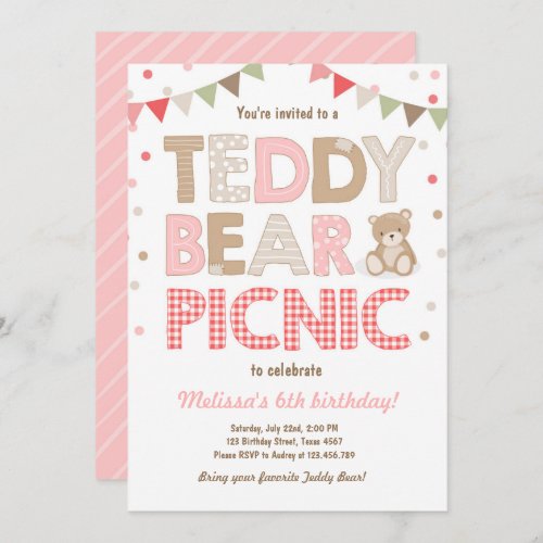Teddy Bear Picnic Girl birthday Invitation Pink