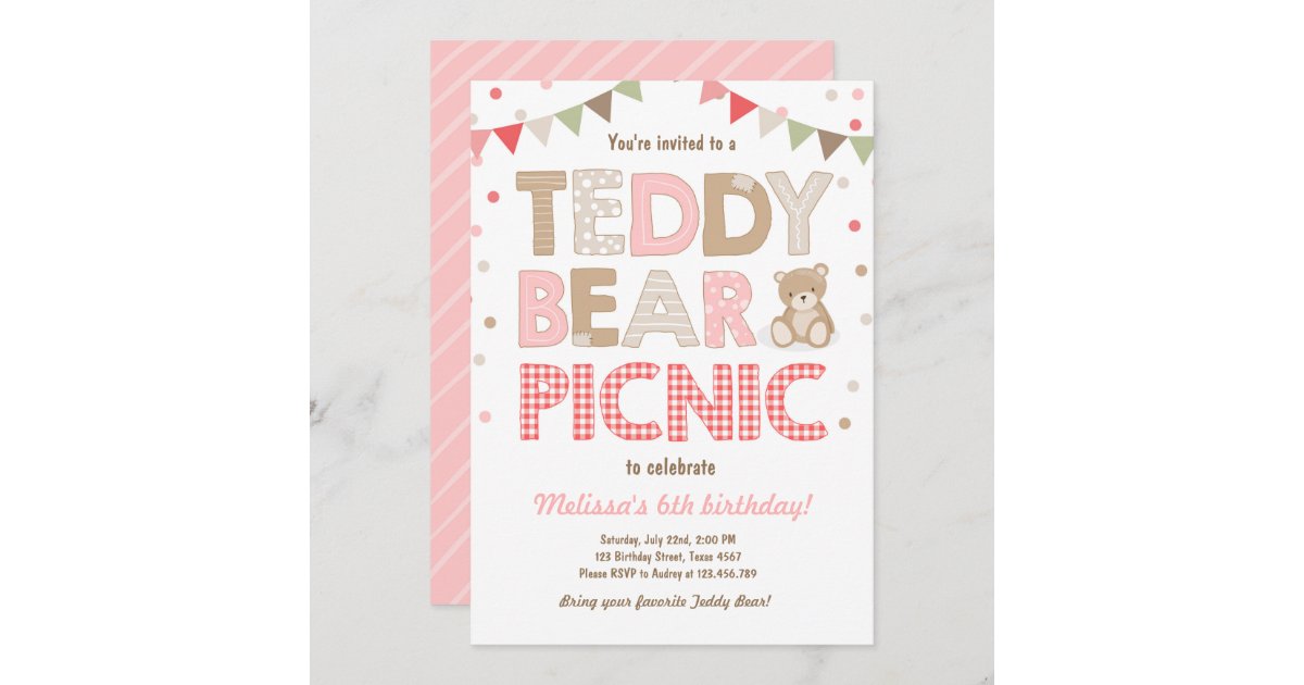 Teddy Bear Picnic Girl birthday Invitation Pink | Zazzle
