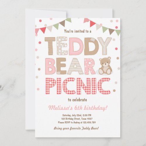 Teddy Bear Picnic Girl birthday Invitation Pink