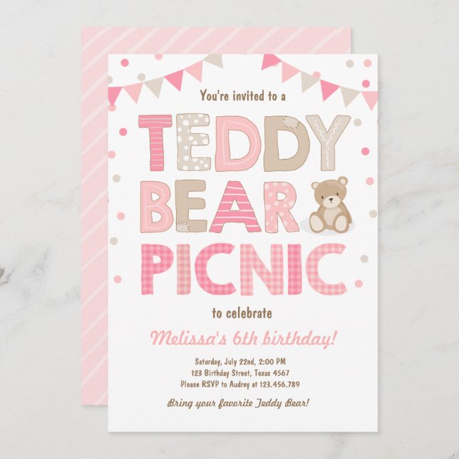 Teddy Bear Picnic Girl birthday Invitation Pink (Front/Back)