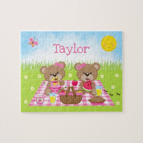 Teddy Bear Picnic Girl Pink Gingham Jigsaw Puzzle