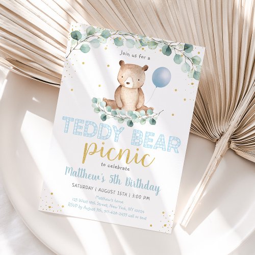 Teddy Bear Picnic Greenery Boy Birthday Invitation