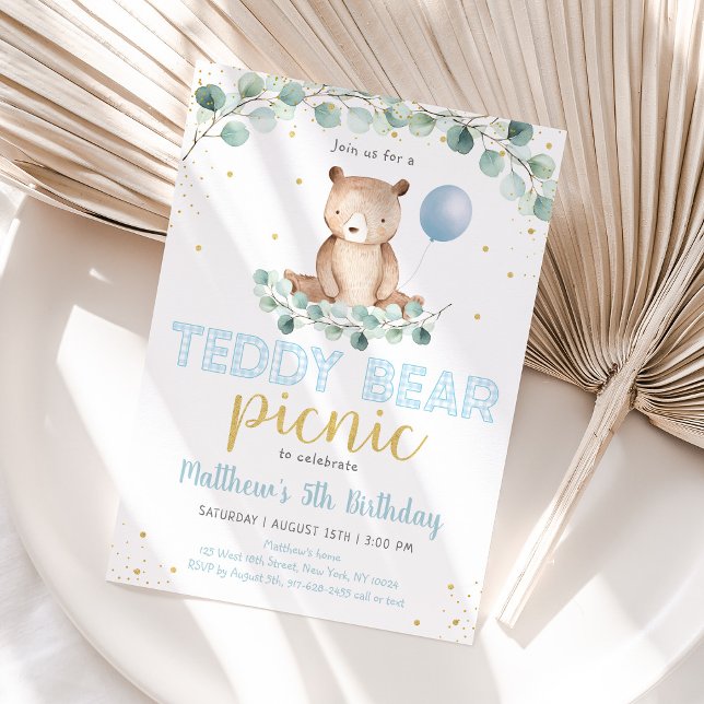 Teddy Bear Picnic Greenery Boy Birthday Invitation (Creator Uploaded)