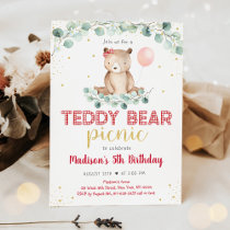 Teddy Bear Picnic Greenery Floral Birthday Invitation