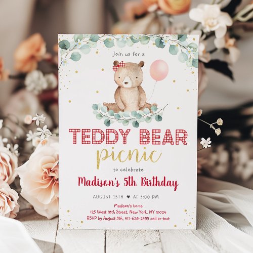 Teddy Bear Picnic Greenery Floral Birthday Invitation