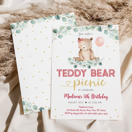 Teddy Bear Picnic Greenery Girl Birthday Invitation
