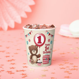Teddy Bear Picnic Happy 1st Birthday Paper Plate Cups