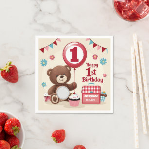 Teddy Bear Picnic Happy 1st Birthday Paper Plate   Napkins