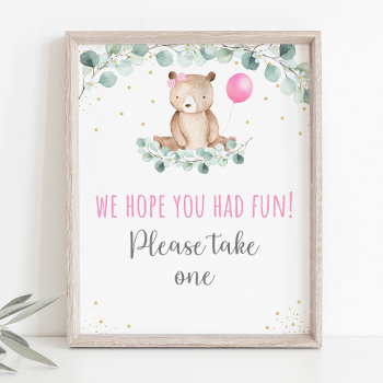 Teddy Bear Picnic Pink Floral Birthday Favor Sign by LittlePrintsParties at Zazzle