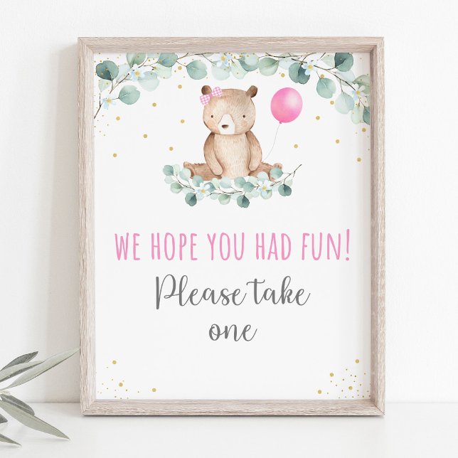 Teddy Bear Picnic Pink Floral Birthday Favor Sign (Creator Uploaded)