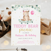Teddy Bear Picnic Pink Floral Birthday Invitation