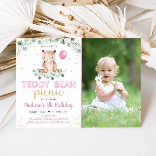 Teddy Bear Picnic Pink Floral Birthday Invitation