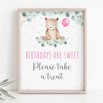 Teddy Bear Picnic Pink Floral Birthday Treat Sign by LittlePrintsParties at Zazzle