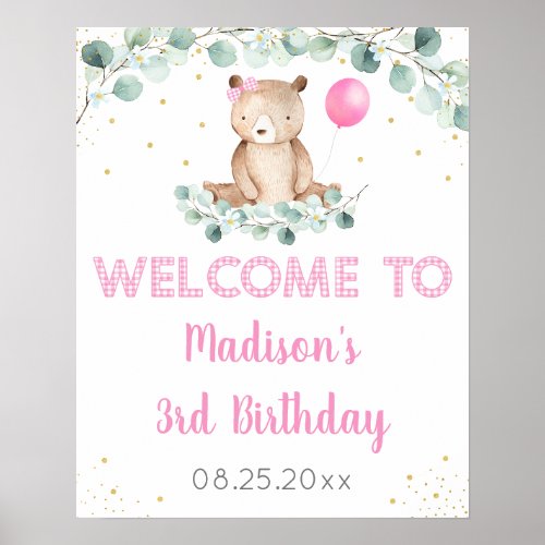 Teddy Bear Picnic Pink Floral Birthday Welcome Poster