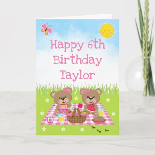 Teddy Bear Picnic Pink Gingham Happy Birthday Card