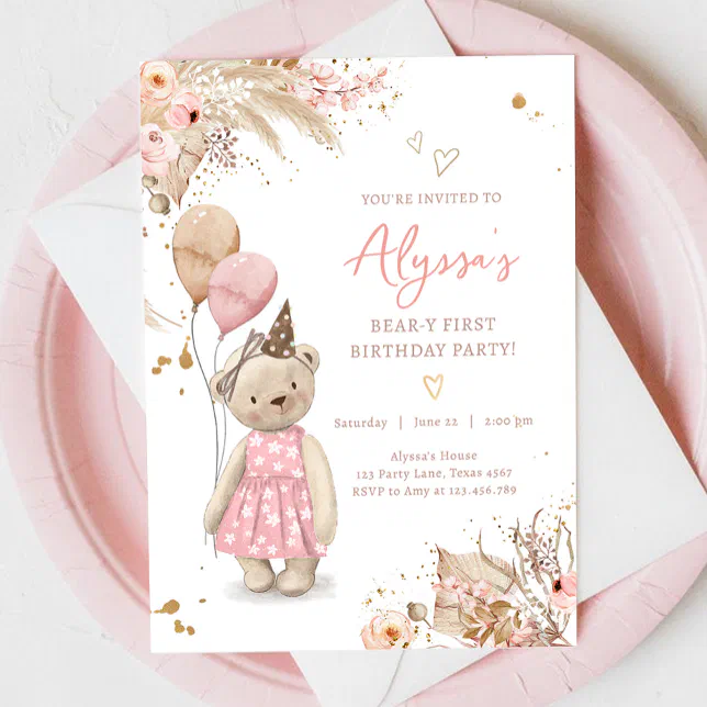 Teddy Bear Picnic Pink Girl First Birthday Party Invitation | Zazzle