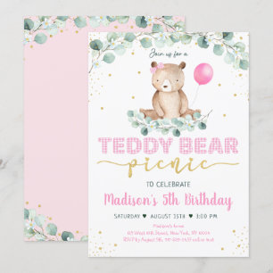 Teddy Bear Picnic Pink Gold Greenery Birthday Invitation
