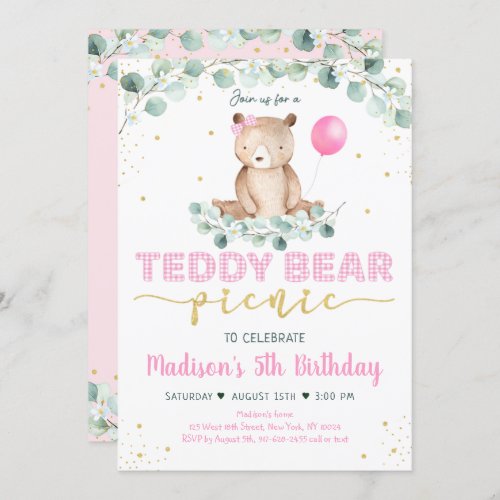 Teddy Bear Picnic Pink Gold Greenery Birthday Invitation