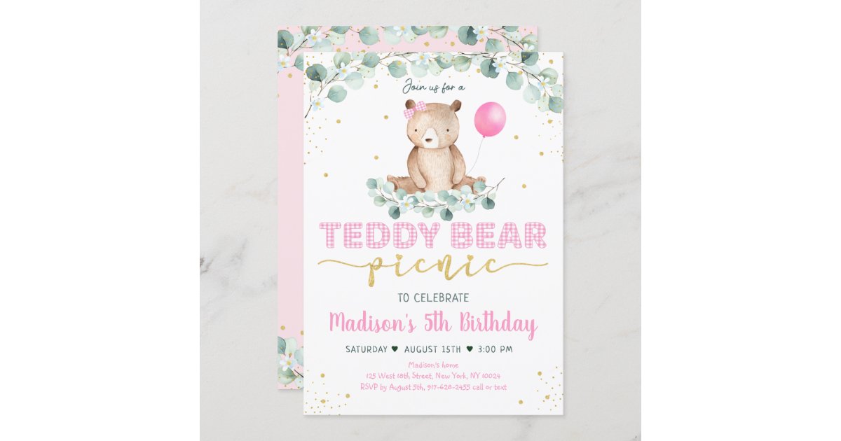 Teddy Bear Picnic Pink Gold Greenery Birthday Invitation | Zazzle