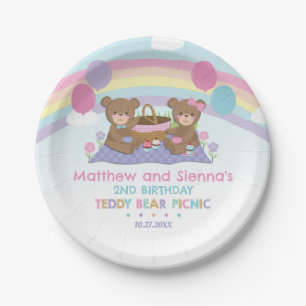 Teddy Bear Picnic Rainbow Twin Boy Girl Birthday Paper Plates