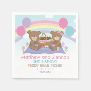 Teddy Bear Picnic Rainbow Twins Boy Girl Birthday Napkins
