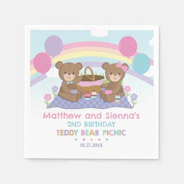 Teddy Bear Picnic Rainbow Twins Boy Girl Birthday Napkins (Front)