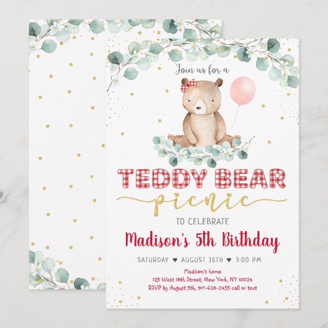 Teddy Bear Picnic Red Gold Greenery Birthday Invitation (Front/Back)