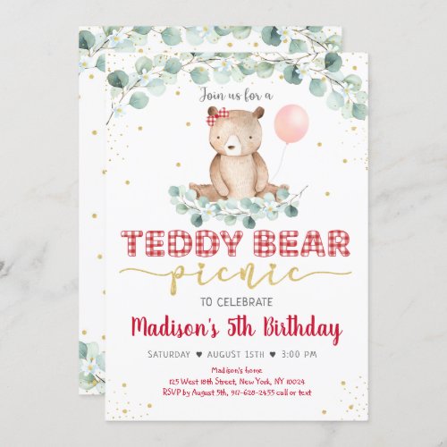 Teddy Bear Picnic Red Gold Greenery Birthday Invitation