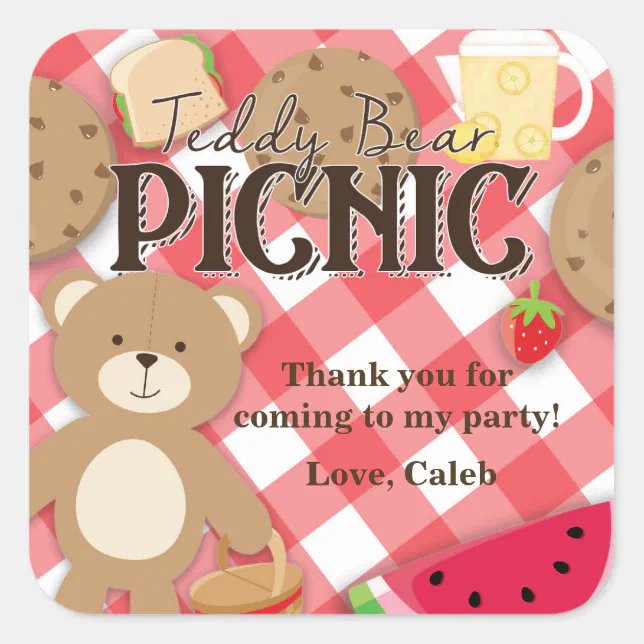 Teddy Bear Picnic Summer Birthday Party Favor Square Sticker | Zazzle
