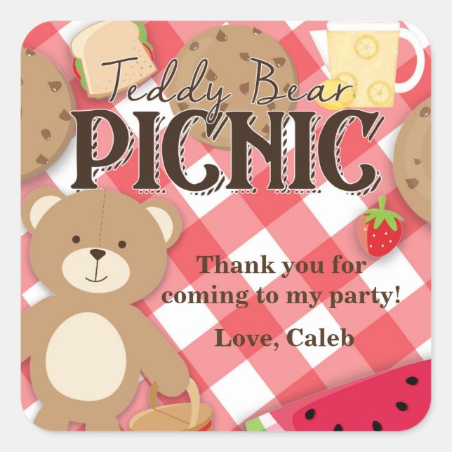 Teddy Bear Picnic Summer Birthday Party Favor Square Sticker (Front)