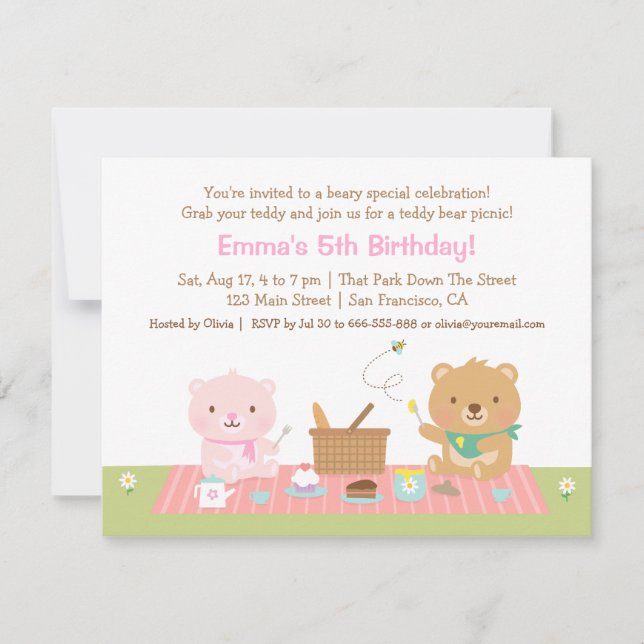 Teddy Bear Picnic Tea Party Birthday Invitations (Front)
