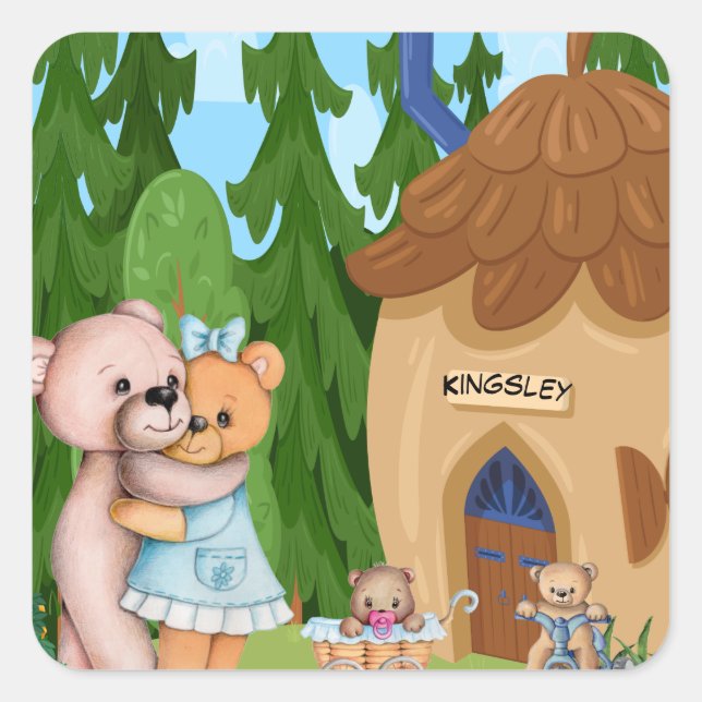 Teddy Bear Picnic Village Personalized Square Sticker (Front)