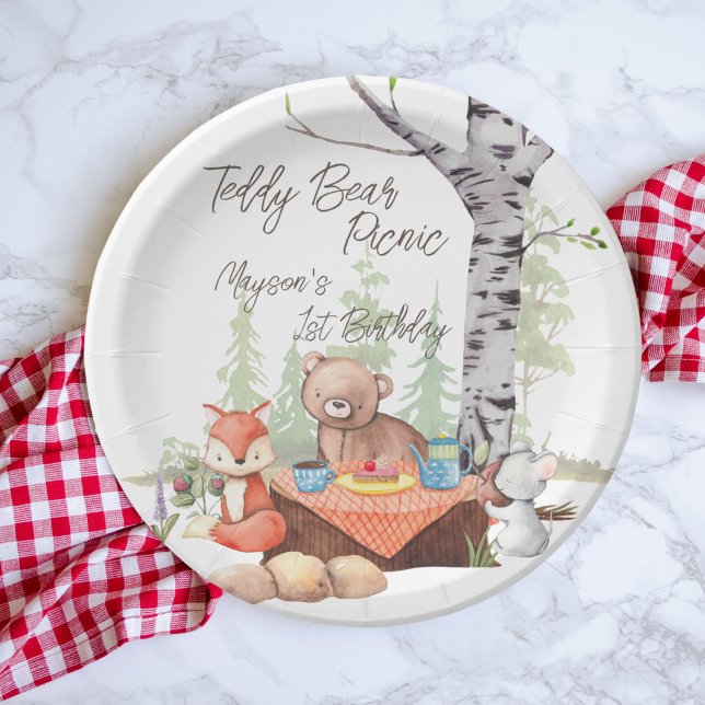 Teddy bear picnic woodlands animals birthday party paper plates (Creator Uploaded)