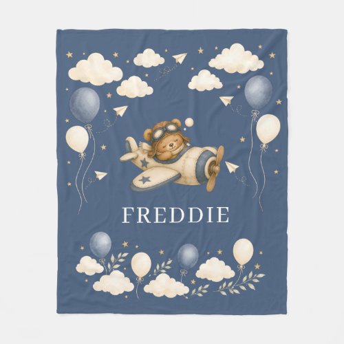 Teddy Bear Pilot Adventure Blue Fleece Blanket