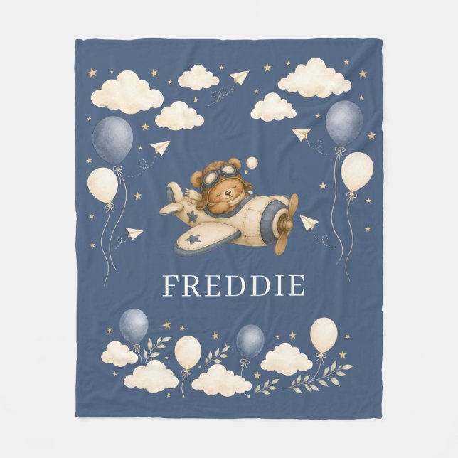 Teddy Bear Pilot Adventure Blue Fleece Blanket (Front)