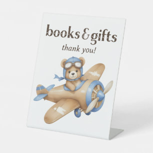 Teddy Bear Pilot Baby Boy Shower Books and Gifts Pedestal Sign