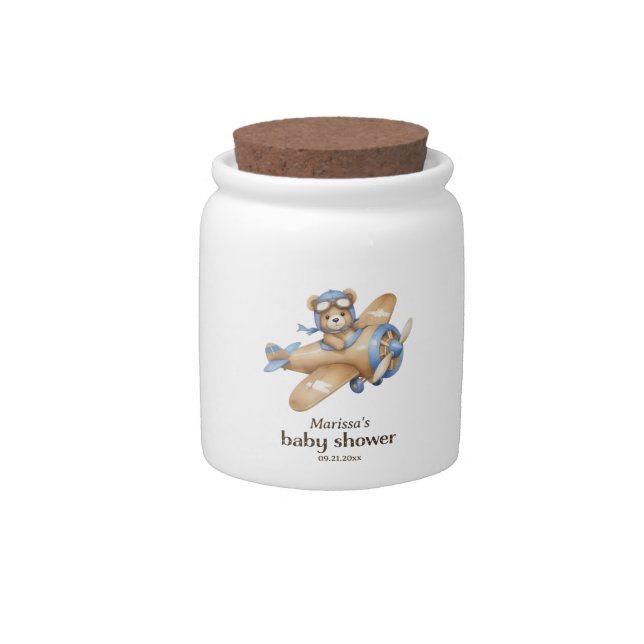 Teddy Bear Pilot Baby Boy Shower  Candy Jar (Front)