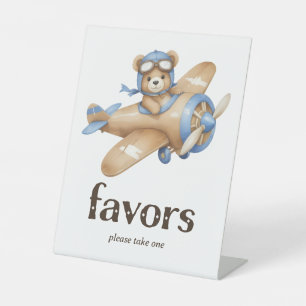 Teddy Bear Pilot Baby Boy Shower Favors Pedestal Sign